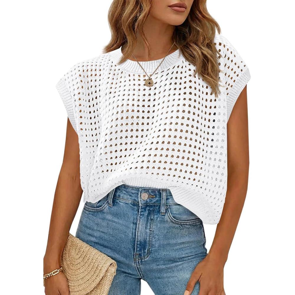 image:imageSaodimallsu Womens Crochet Sweaters Summer Cap Sleeve Knit Tops Lightweight Crewneck Beach Vacation ClothesWhite