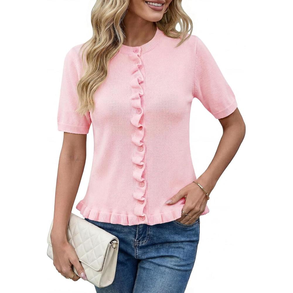 image:imageSaodimallsu Womens Ruffle Cardigan Puff Short Sleeve Cute Summer Button Down Lightweight Soft Knit Crewneck Sweater TopsPink