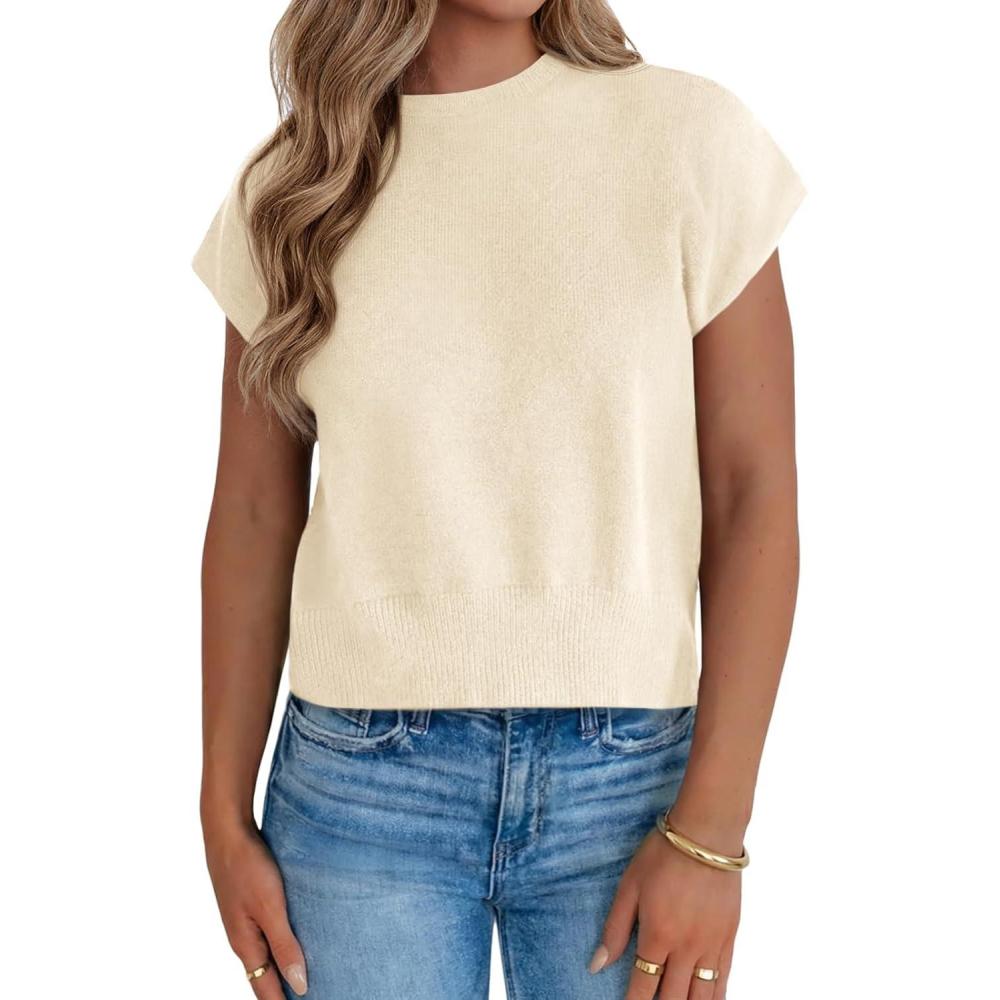 image:imageSaodimallsu Womens Short Sleeve Sweaters Casual Summer Crew Neck Loose Basic Cap Sleeve Knit Pullover TopsApricot