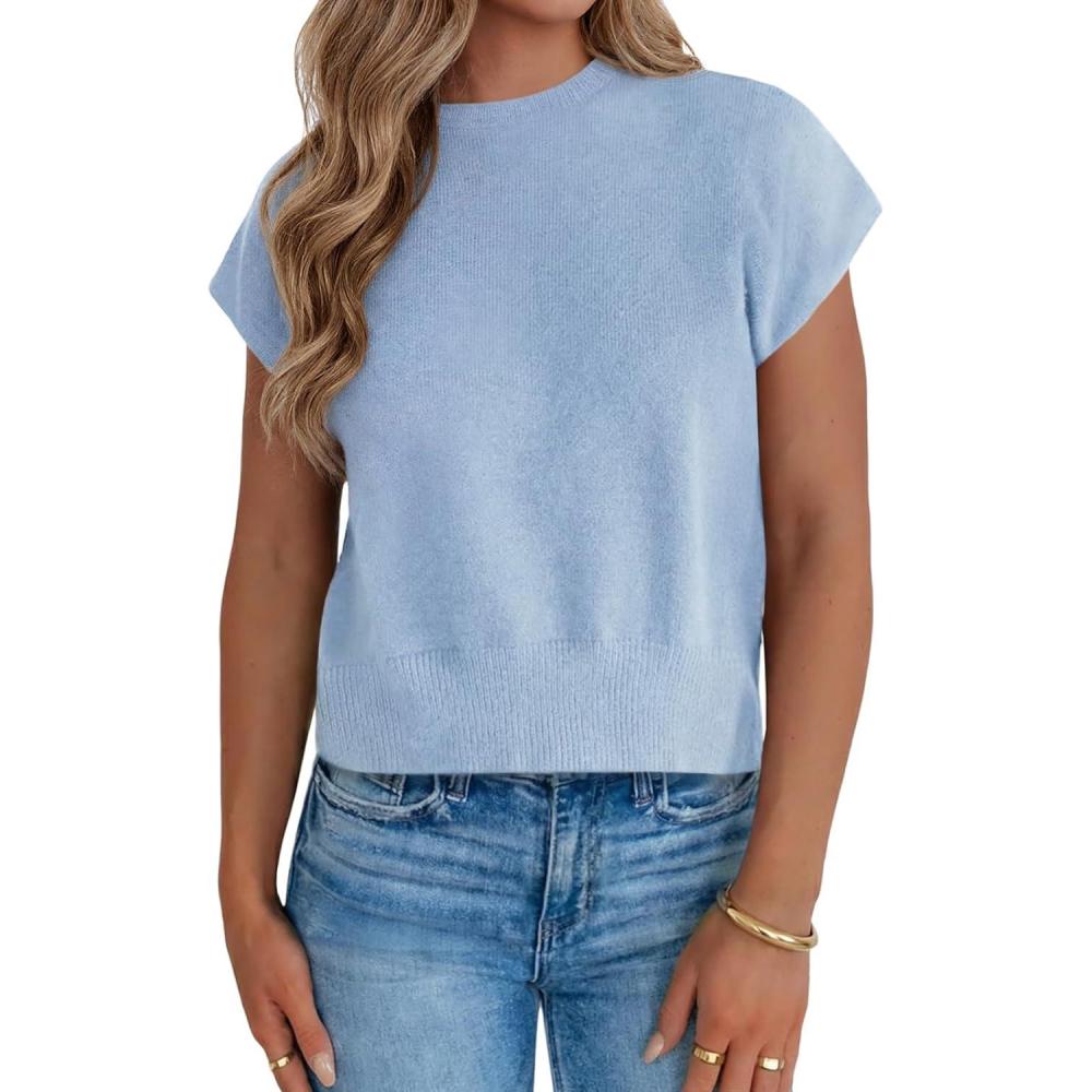 image:imageSaodimallsu Womens Short Sleeve Sweaters Casual Summer Crew Neck Loose Basic Cap Sleeve Knit Pullover TopsBlue