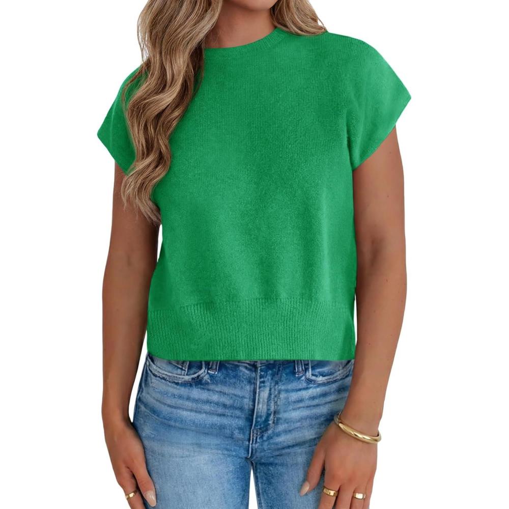 image:imageSaodimallsu Womens Short Sleeve Sweaters Casual Summer Crew Neck Loose Basic Cap Sleeve Knit Pullover TopsGreen