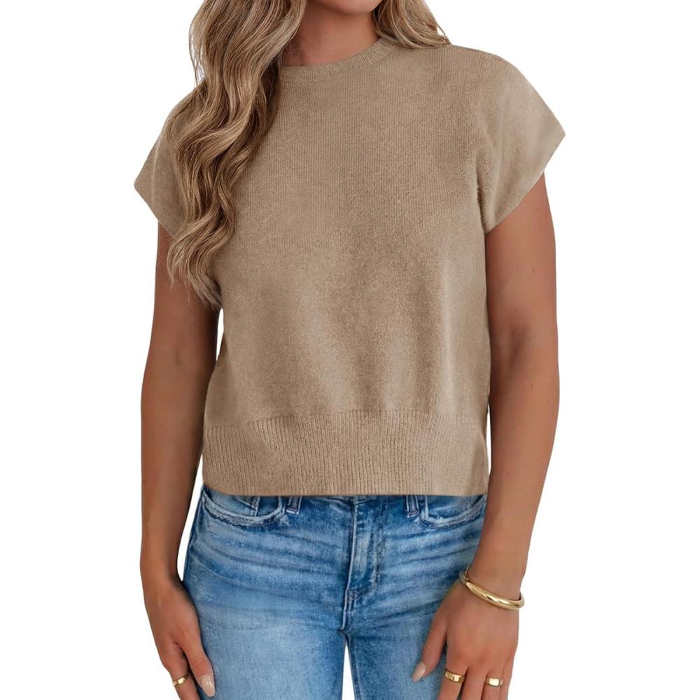 image:imageSaodimallsu Womens Short Sleeve Sweaters Casual Summer Crew Neck Loose Basic Cap Sleeve Knit Pullover TopsKhaki