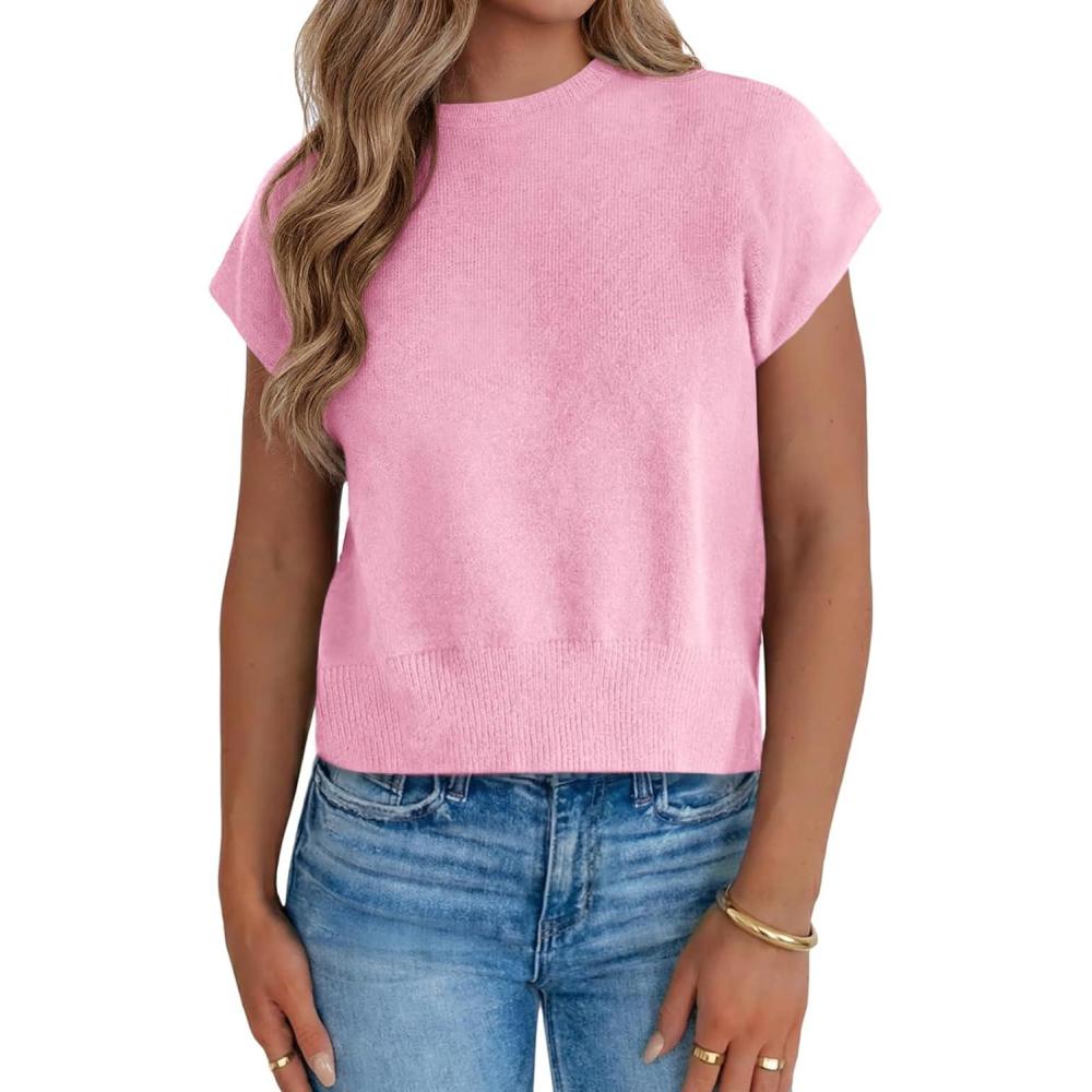 image:imageSaodimallsu Womens Short Sleeve Sweaters Casual Summer Crew Neck Loose Basic Cap Sleeve Knit Pullover TopsPink