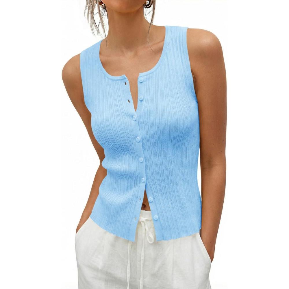 image:imageSaodimallsu Womens Sleeveless Sweater Vest Button Down Ribbed Knit Tank Top Scoop Neck Summer Trendy Vest TopsBlue