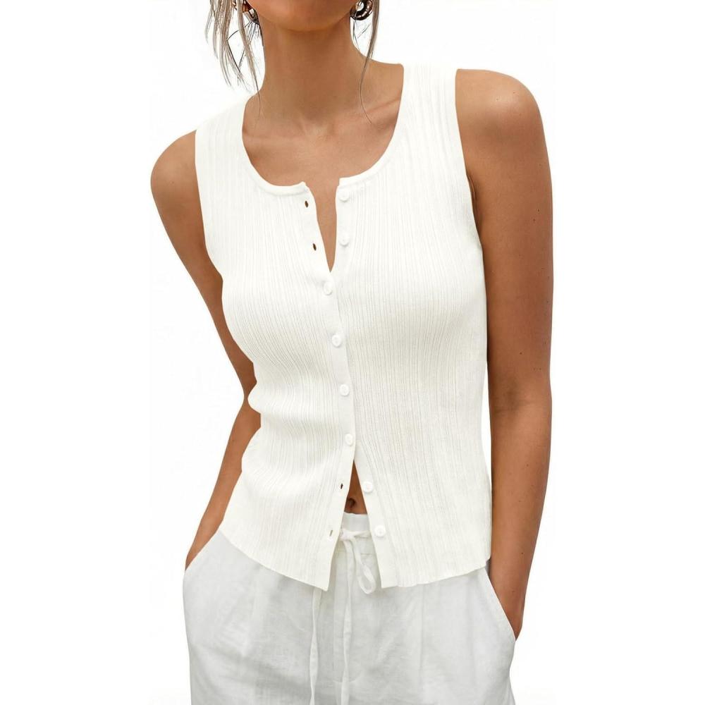 image:imageSaodimallsu Womens Sleeveless Sweater Vest Button Down Ribbed Knit Tank Top Scoop Neck Summer Trendy Vest TopsWhite