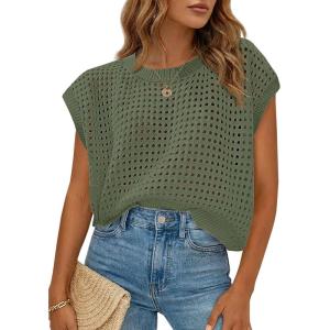 Saodimallsu Womens Crochet Sweaters Summer Cap Sleeve Knit Tops Lightweight Crewneck Beach Vacation Clothes(Army Green)