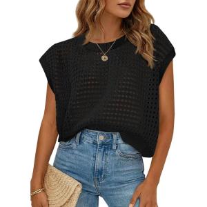 Saodimallsu Womens Crochet Sweaters Summer Cap Sleeve Knit Tops Lightweight Crewneck Beach Vacation Clothes(Black)