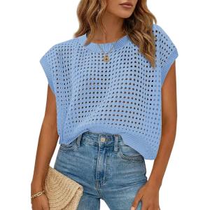 Saodimallsu Womens Crochet Sweaters Summer Cap Sleeve Knit Tops Lightweight Crewneck Beach Vacation Clothes(Blue)
