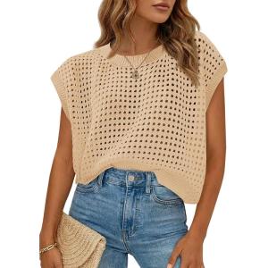 Saodimallsu Womens Crochet Sweaters Summer Cap Sleeve Knit Tops Lightweight Crewneck Beach Vacation Clothes(Light Khaki)