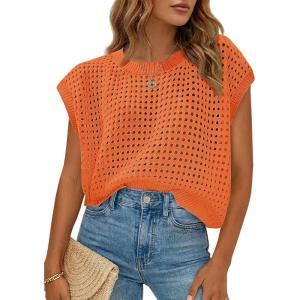 Saodimallsu Womens Crochet Sweaters Summer Cap Sleeve Knit Tops Lightweight Crewneck Beach Vacation Clothes(Orange)