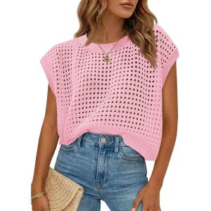 Saodimallsu Womens Crochet Sweaters Summer Cap Sleeve Knit Tops Lightweight Crewneck Beach Vacation Clothes(Pink)