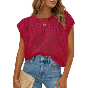 Saodimallsu Womens Crochet Sweaters Summer Cap Sleeve Knit Tops Lightweight Crewneck Beach Vacation Clothes(Red)