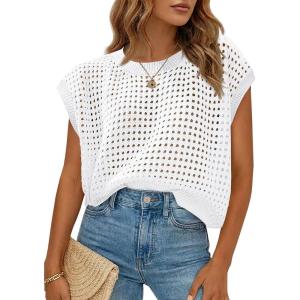 Saodimallsu Womens Crochet Sweaters Summer Cap Sleeve Knit Tops Lightweight Crewneck Beach Vacation Clothes(White)