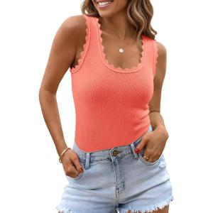Saodimallsu Womens Ribbed Knit Tank Top Summer Sleeveless Square Neck Casual Basic Slimming Sweater Vest Tops(Pink-orange)