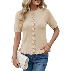 Saodimallsu Womens Ruffle Cardigan Puff Short Sleeve Cute Summer Button Down Lightweight Soft Knit Crewneck Sweater Tops(Apricot)