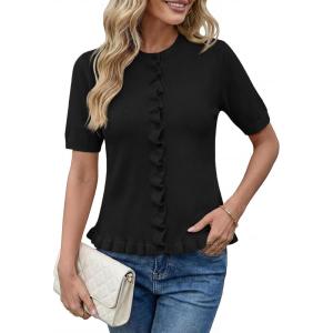Saodimallsu Womens Ruffle Cardigan Puff Short Sleeve Cute Summer Button Down Lightweight Soft Knit Crewneck Sweater Tops(Black)