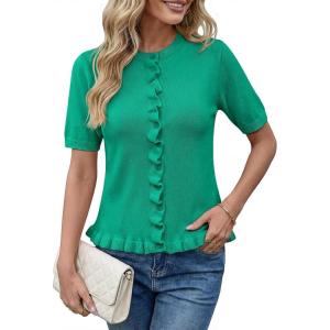 Saodimallsu Womens Ruffle Cardigan Puff Short Sleeve Cute Summer Button Down Lightweight Soft Knit Crewneck Sweater Tops(Green)