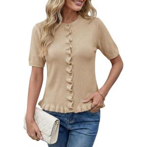 Saodimallsu Womens Ruffle Cardigan Puff Short Sleeve Cute Summer Button Down Lightweight Soft Knit Crewneck Sweater Tops(Khaki)