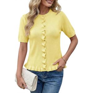 Saodimallsu Womens Ruffle Cardigan Puff Short Sleeve Cute Summer Button Down Lightweight Soft Knit Crewneck Sweater Tops(Yellow)
