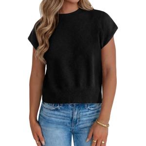 Saodimallsu Womens Short Sleeve Sweaters Casual Summer Crew Neck Loose Basic Cap Sleeve Knit Pullover Tops(Black)