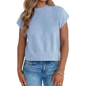 Saodimallsu Womens Short Sleeve Sweaters Casual Summer Crew Neck Loose Basic Cap Sleeve Knit Pullover Tops(Blue)