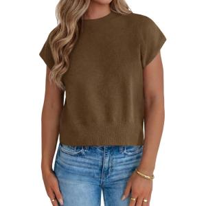 Saodimallsu Womens Short Sleeve Sweaters Casual Summer Crew Neck Loose Basic Cap Sleeve Knit Pullover Tops(Coffee)