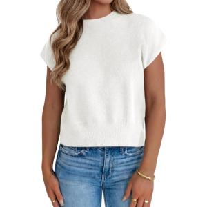 Saodimallsu Womens Short Sleeve Sweaters Casual Summer Crew Neck Loose Basic Cap Sleeve Knit Pullover Tops(White)