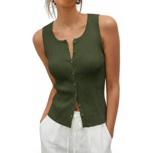 Saodimallsu Womens Sleeveless Sweater Vest Button Down Ribbed Knit Tank Top Scoop Neck Summer Trendy Vest Tops(Army Green)