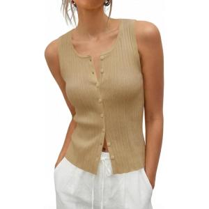 Saodimallsu Womens Sleeveless Sweater Vest Button Down Ribbed Knit Tank Top Scoop Neck Summer Trendy Vest Tops(Khaki)