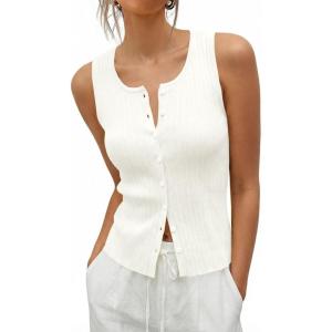 Saodimallsu Womens Sleeveless Sweater Vest Button Down Ribbed Knit Tank Top Scoop Neck Summer Trendy Vest Tops(White)