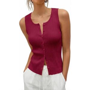 Saodimallsu Womens Sleeveless Sweater Vest Button Down Ribbed Knit Tank Top Scoop Neck Summer Trendy Vest Tops(Wine Red)