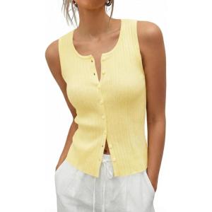Saodimallsu Womens Sleeveless Sweater Vest Button Down Ribbed Knit Tank Top Scoop Neck Summer Trendy Vest Tops(Yellow)