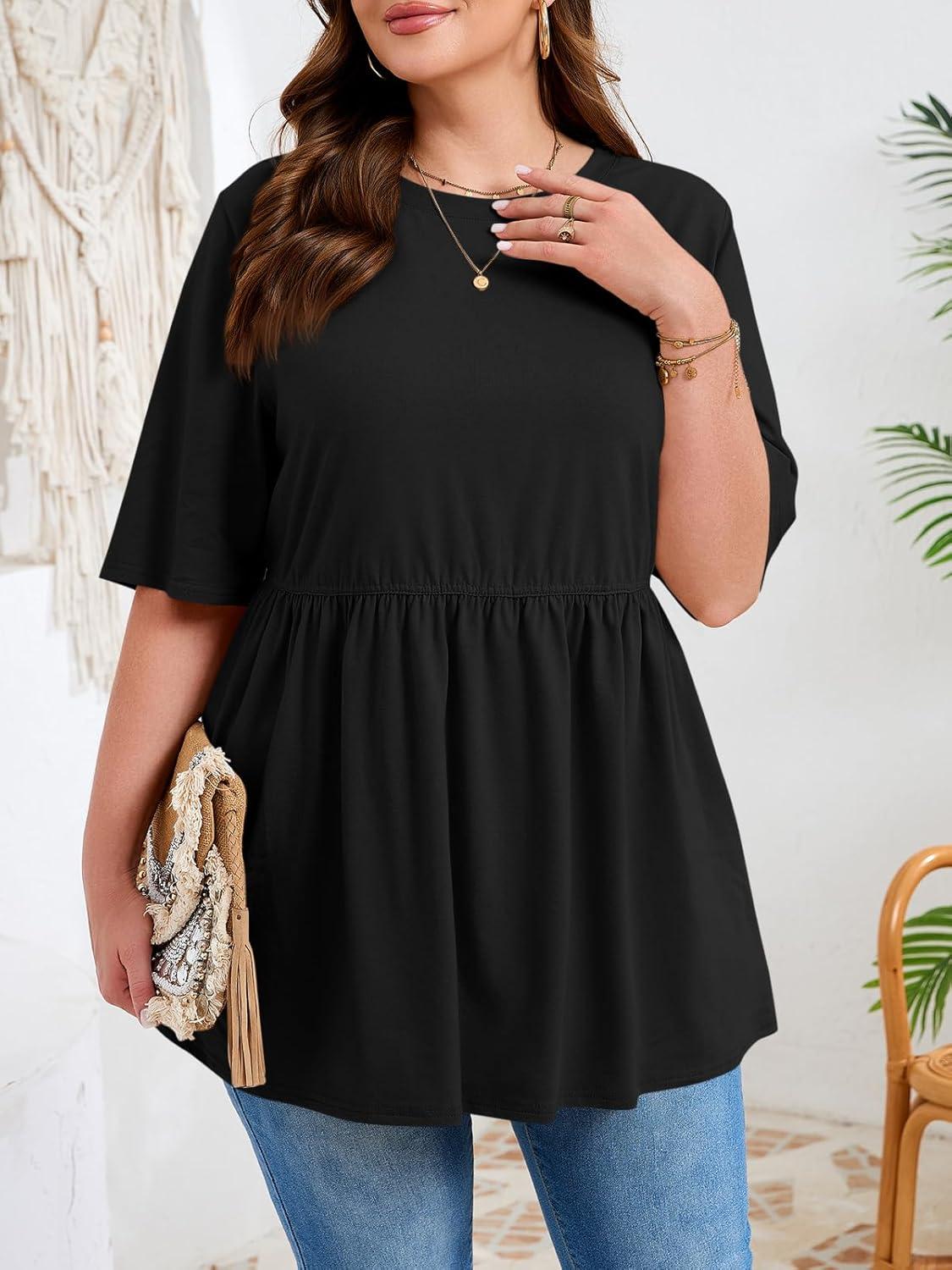image:imageBeautife Womens Plus Size Summer Babydoll Tops Short Sleeve Crew Neck T Shirts Peplum Casual Loose Fit BlouseBlack