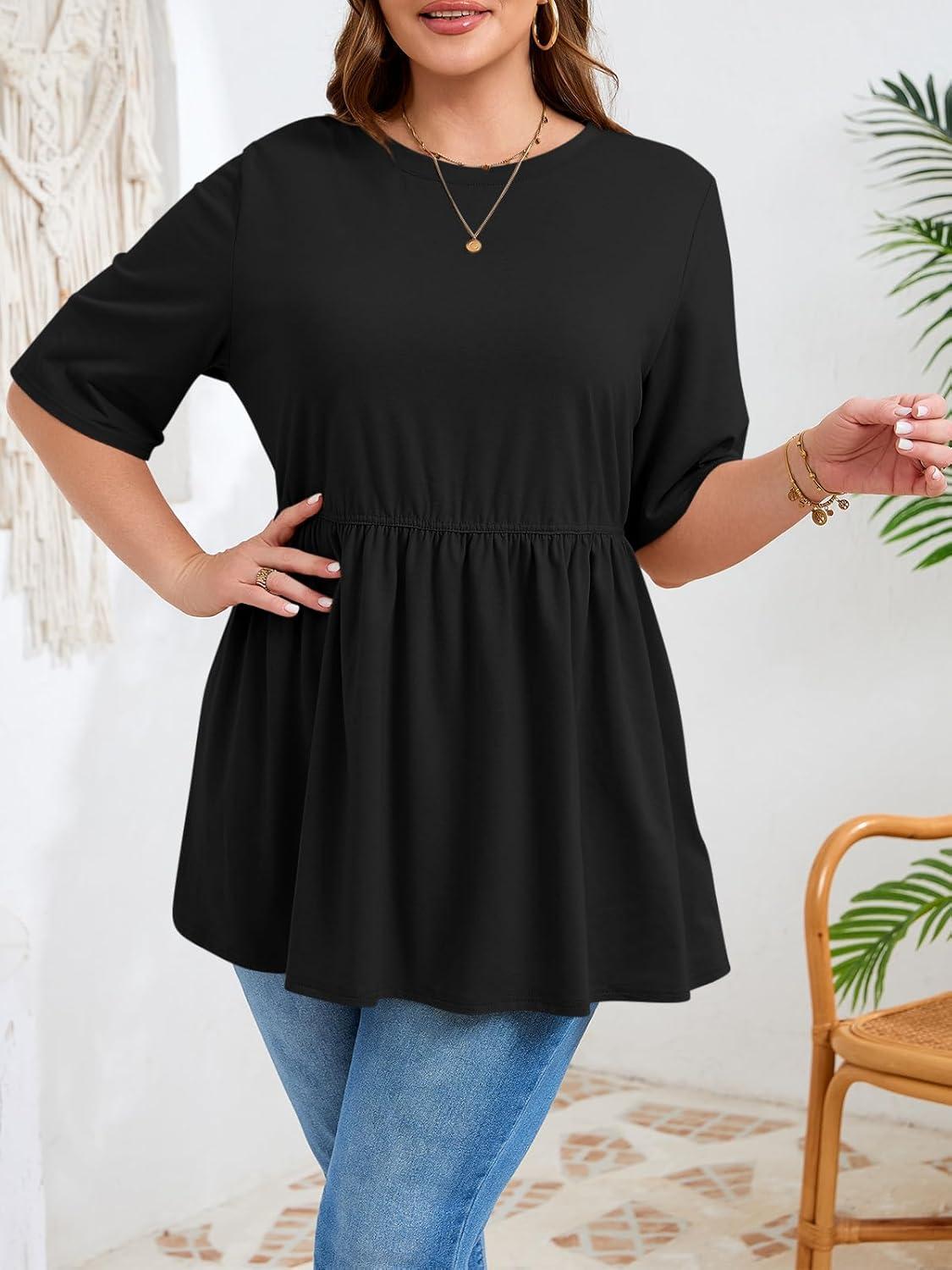 image:imageBeautife Womens Plus Size Summer Babydoll Tops Short Sleeve Crew Neck T Shirts Peplum Casual Loose Fit BlouseBlack