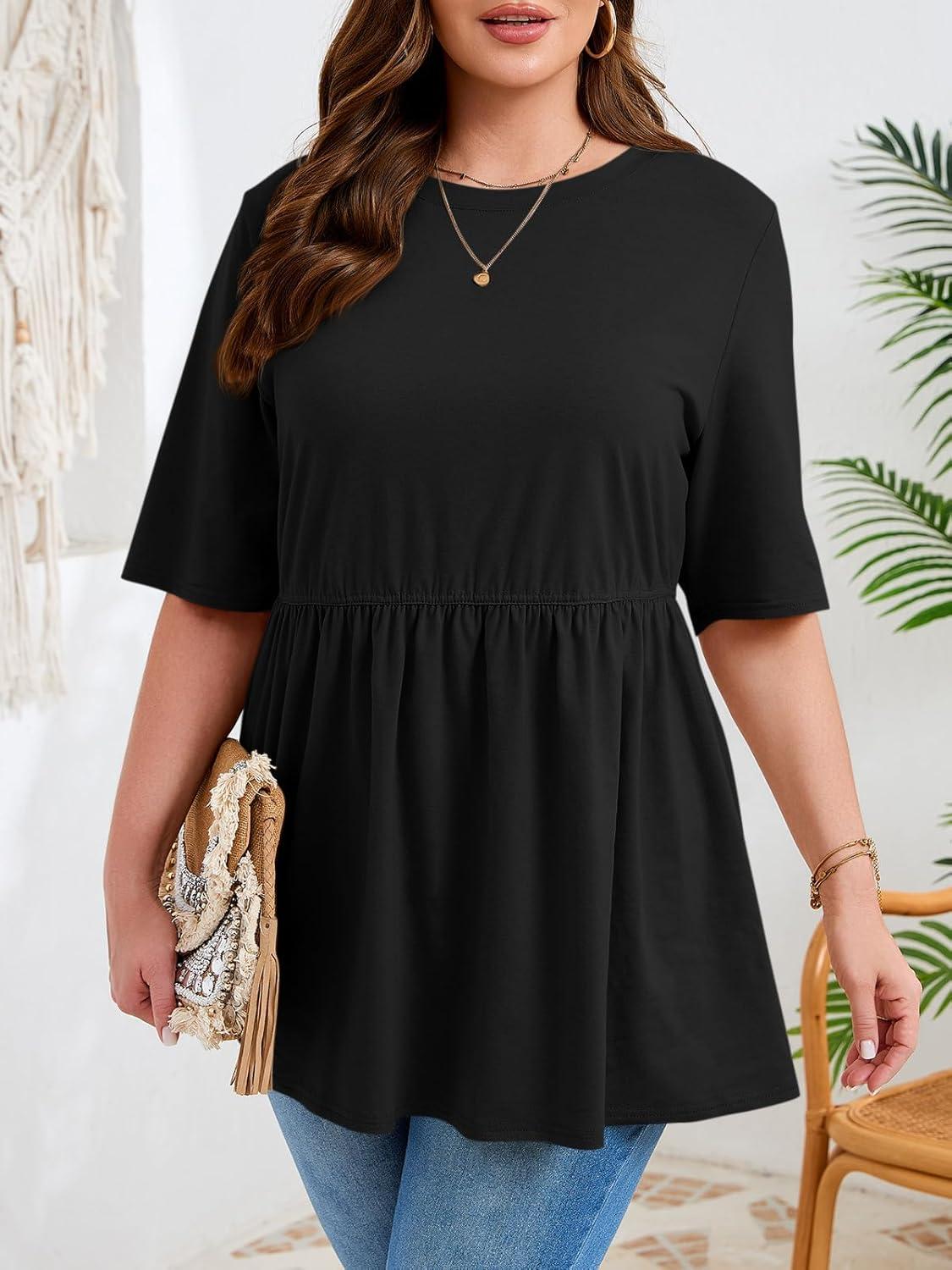 image:imageBeautife Womens Plus Size Summer Babydoll Tops Short Sleeve Crew Neck T Shirts Peplum Casual Loose Fit BlouseBlack