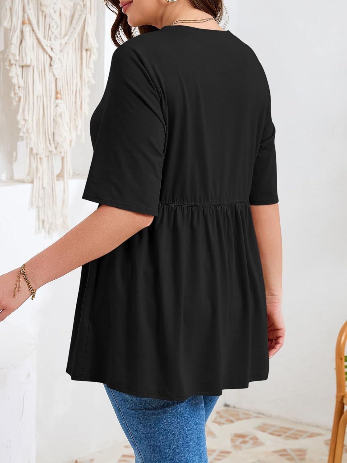 image:imageBeautife Womens Plus Size Summer Babydoll Tops Short Sleeve Crew Neck T Shirts Peplum Casual Loose Fit BlouseBlack