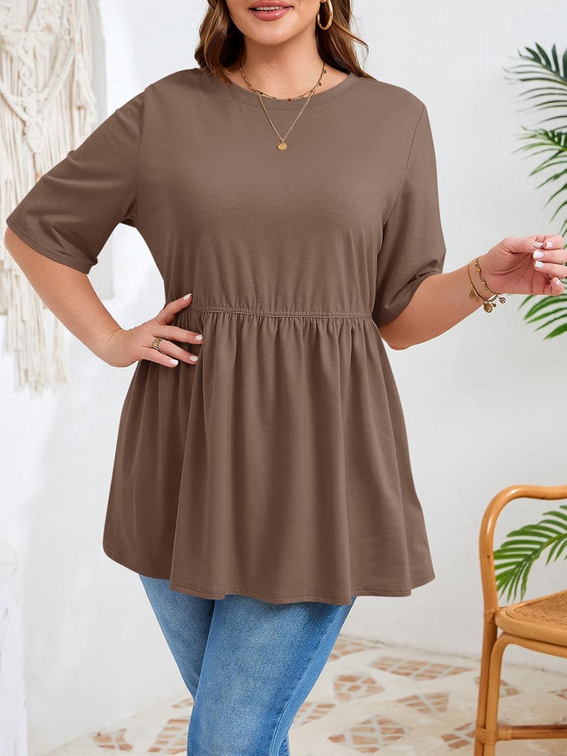 image:imageBeautife Womens Plus Size Summer Babydoll Tops Short Sleeve Crew Neck T Shirts Peplum Casual Loose Fit BlouseBrown