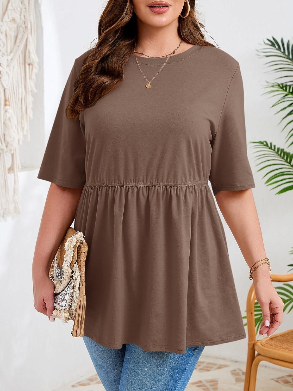 image:imageBeautife Womens Plus Size Summer Babydoll Tops Short Sleeve Crew Neck T Shirts Peplum Casual Loose Fit BlouseBrown