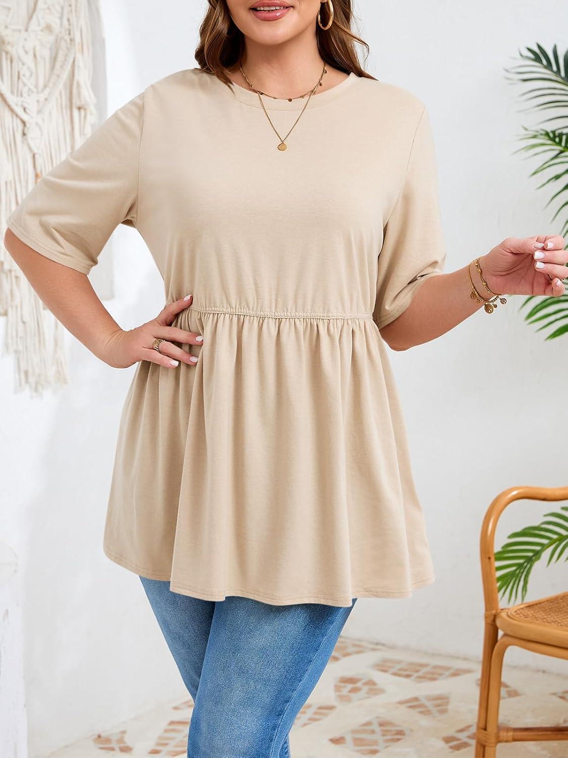 image:imageBeautife Womens Plus Size Summer Babydoll Tops Short Sleeve Crew Neck T Shirts Peplum Casual Loose Fit BlouseKhaki