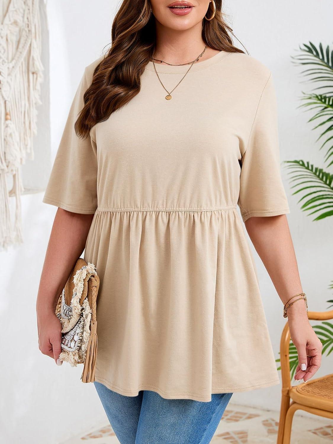 image:imageBeautife Womens Plus Size Summer Babydoll Tops Short Sleeve Crew Neck T Shirts Peplum Casual Loose Fit BlouseKhaki