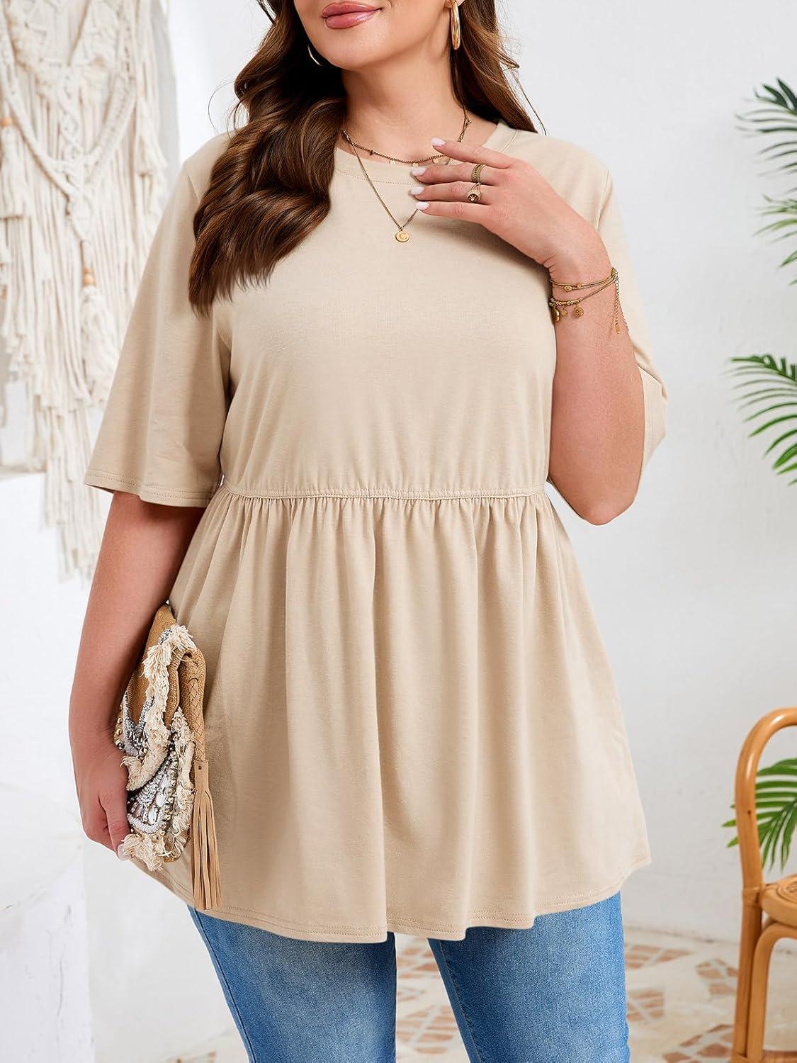 image:imageBeautife Womens Plus Size Summer Babydoll Tops Short Sleeve Crew Neck T Shirts Peplum Casual Loose Fit BlouseKhaki