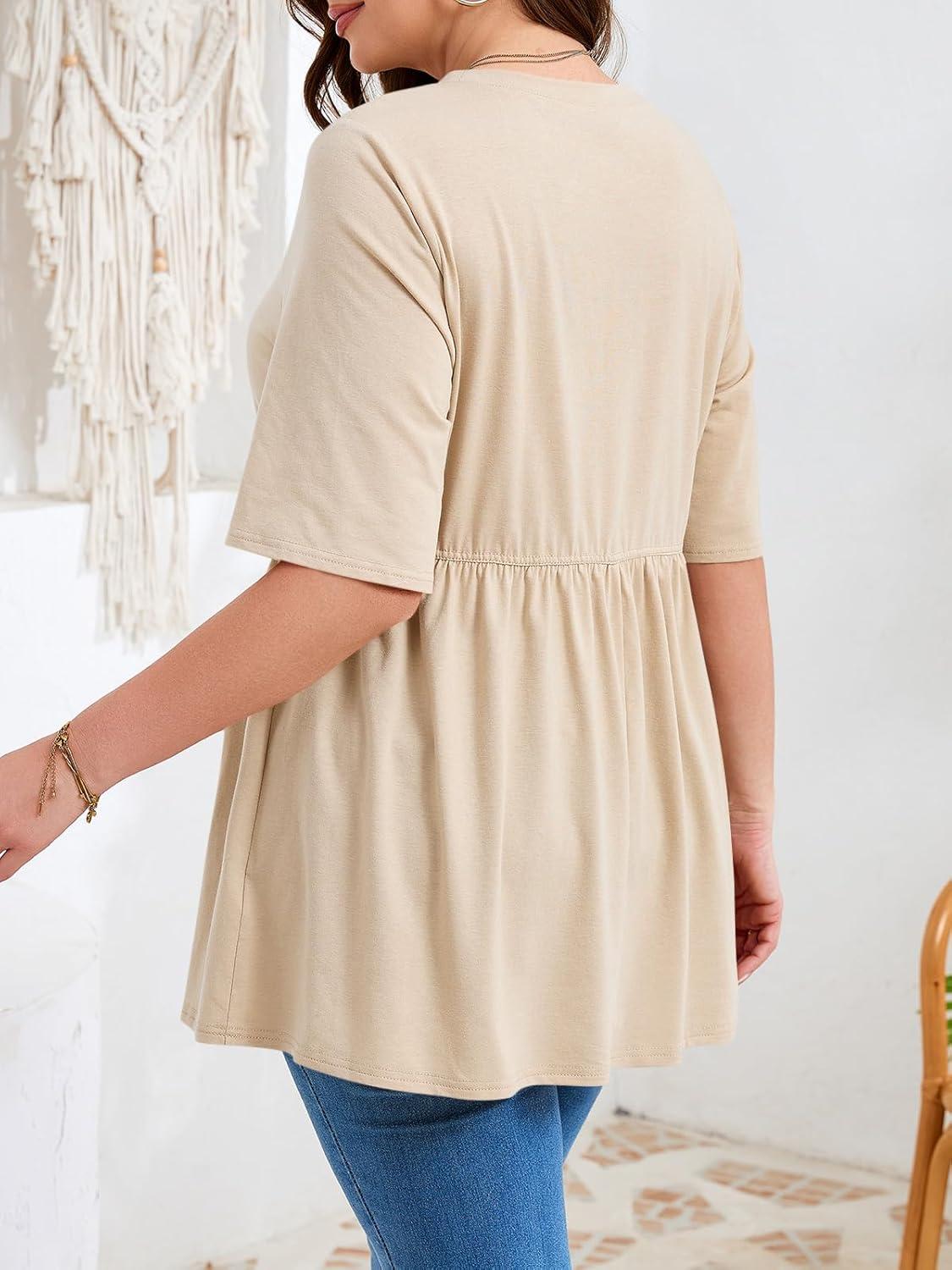 image:imageBeautife Womens Plus Size Summer Babydoll Tops Short Sleeve Crew Neck T Shirts Peplum Casual Loose Fit BlouseKhaki
