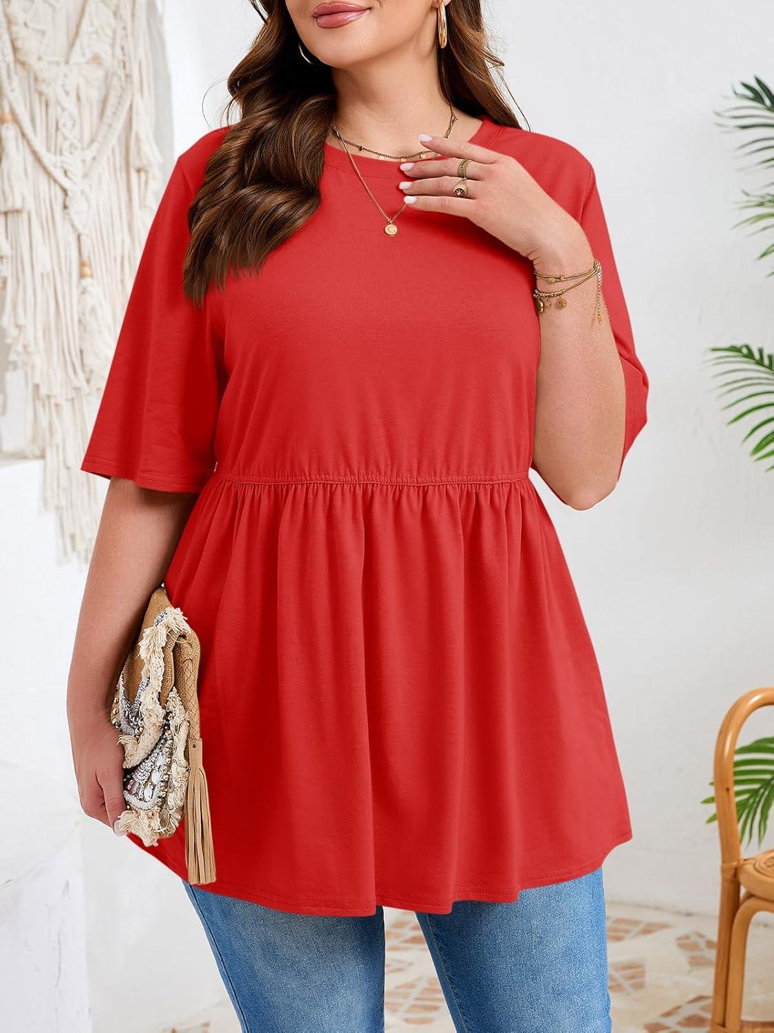 image:imageBeautife Womens Plus Size Summer Babydoll Tops Short Sleeve Crew Neck T Shirts Peplum Casual Loose Fit BlouseRed