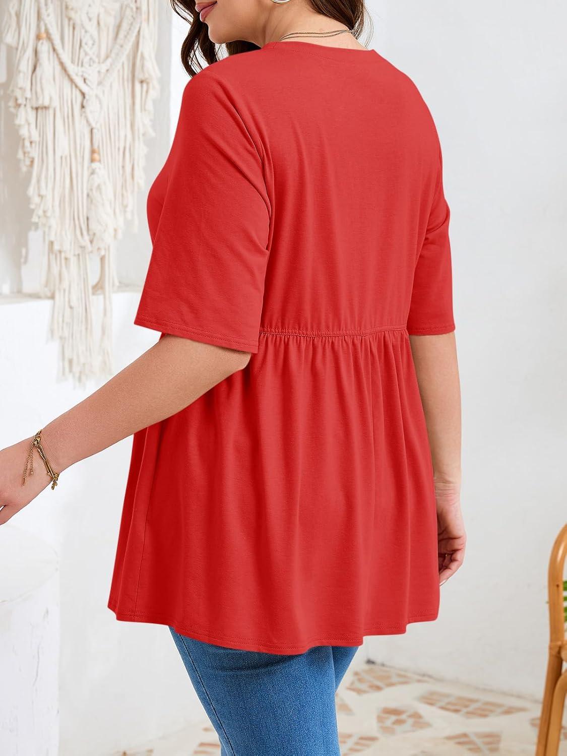 image:imageBeautife Womens Plus Size Summer Babydoll Tops Short Sleeve Crew Neck T Shirts Peplum Casual Loose Fit BlouseRed