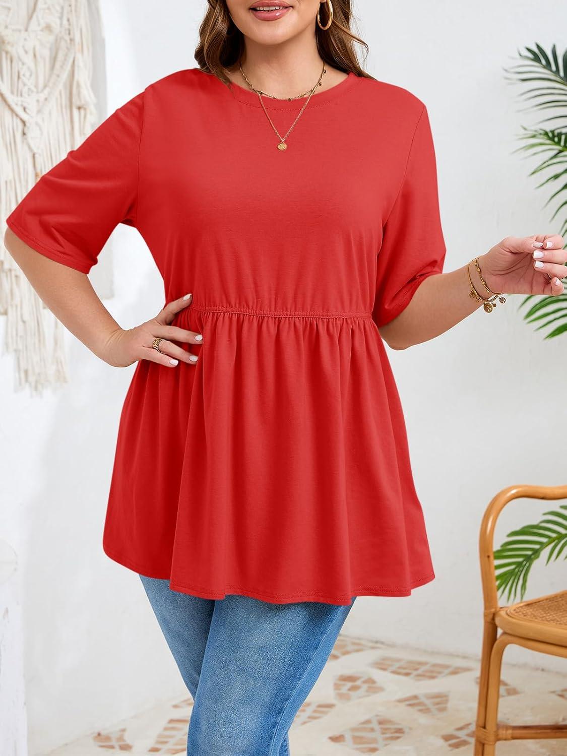 image:imageBeautife Womens Plus Size Summer Babydoll Tops Short Sleeve Crew Neck T Shirts Peplum Casual Loose Fit BlouseRed