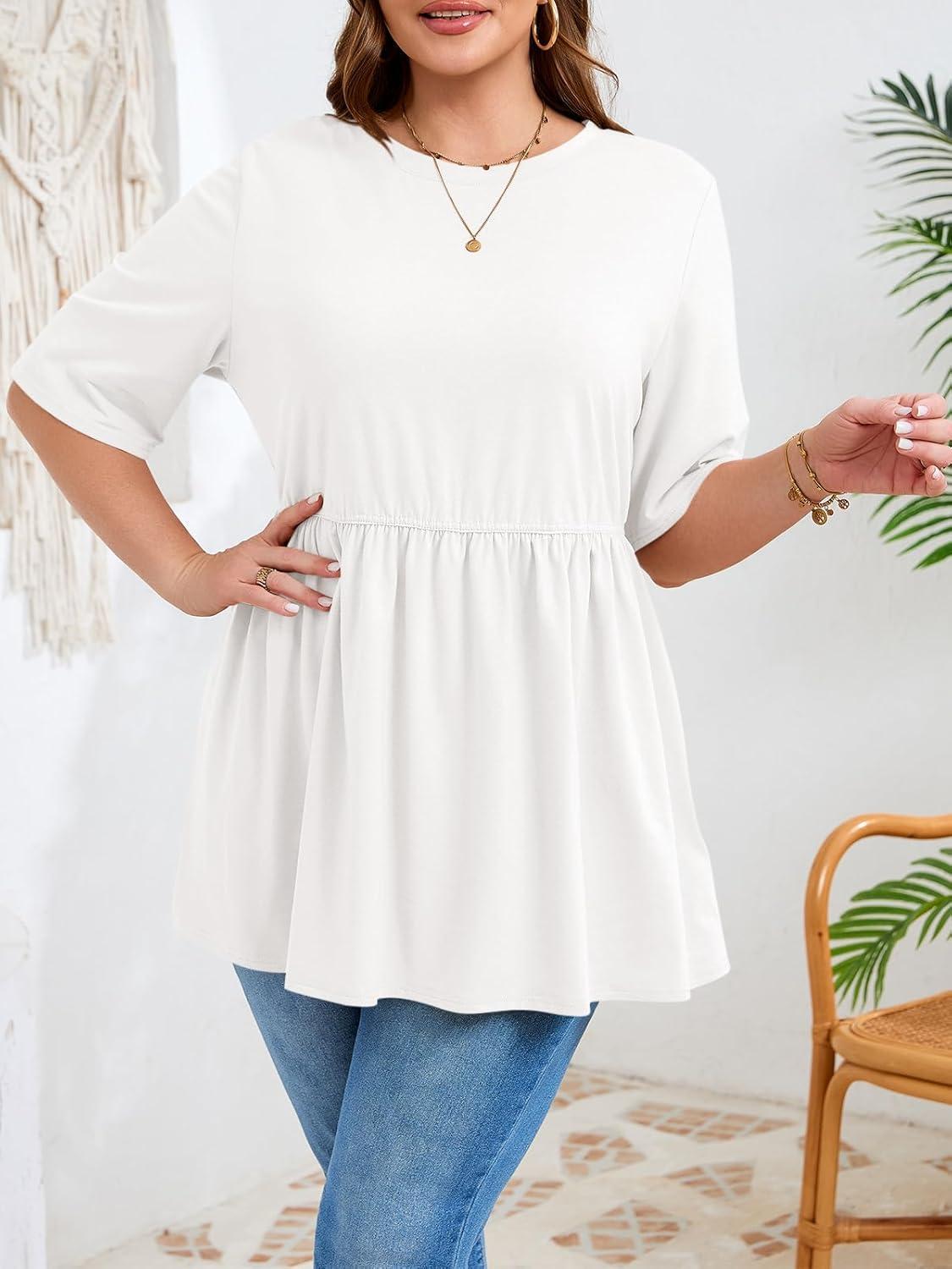 image:imageBeautife Womens Plus Size Summer Babydoll Tops Short Sleeve Crew Neck T Shirts Peplum Casual Loose Fit BlouseWhite