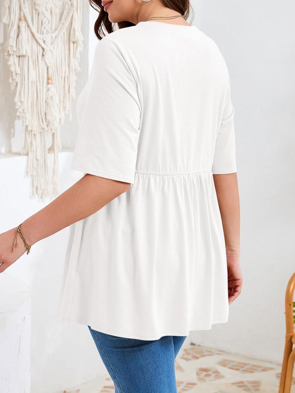 image:imageBeautife Womens Plus Size Summer Babydoll Tops Short Sleeve Crew Neck T Shirts Peplum Casual Loose Fit BlouseWhite