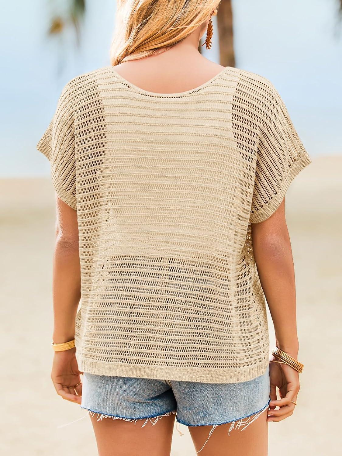 image:imageSaodimallsu Womens Crochet Tops Summer Batwing Short Sleeve Oversized Sweater Boat Neck Mesh Knit Beach Cover Up TopBeige