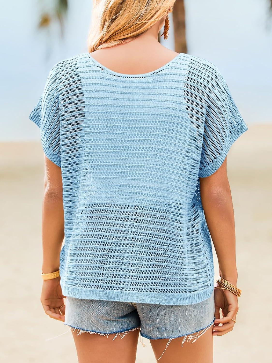 image:imageSaodimallsu Womens Crochet Tops Summer Batwing Short Sleeve Oversized Sweater Boat Neck Mesh Knit Beach Cover Up TopBlue