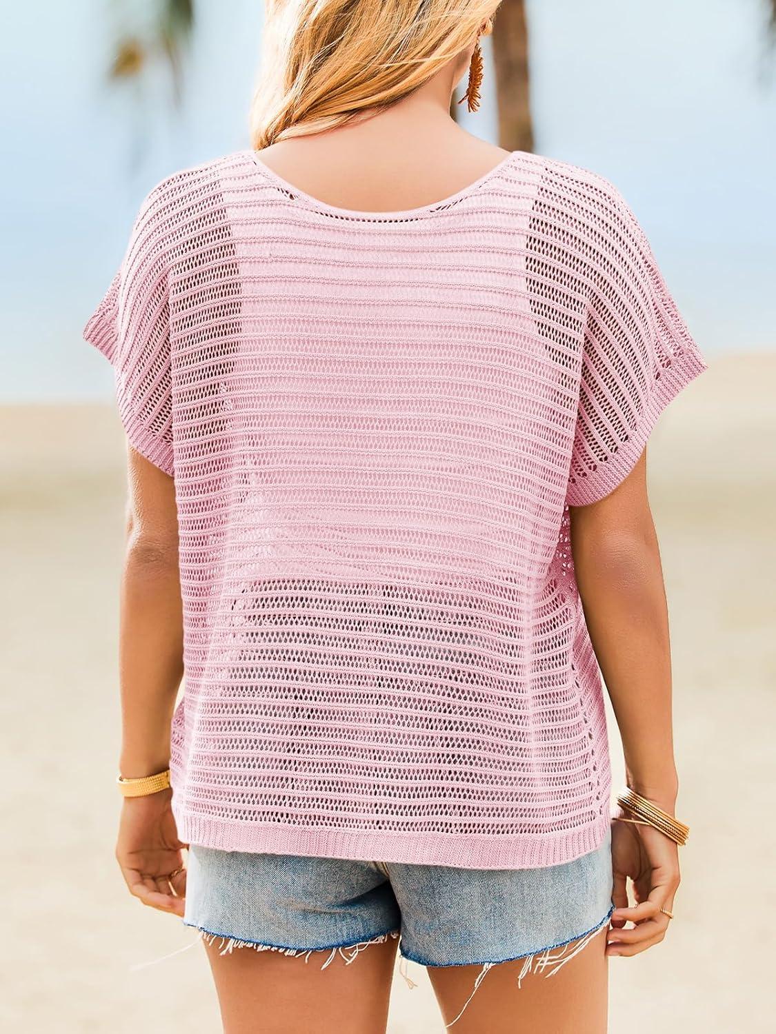 image:imageSaodimallsu Womens Crochet Tops Summer Batwing Short Sleeve Oversized Sweater Boat Neck Mesh Knit Beach Cover Up TopPink